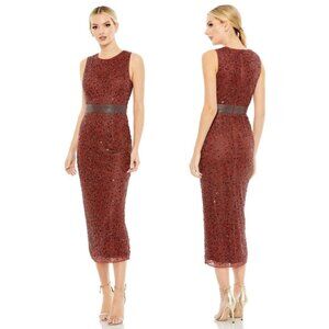 MAC DUGGAL Geometric Beaded Midi Cocktail Dress in Brick Size US 4